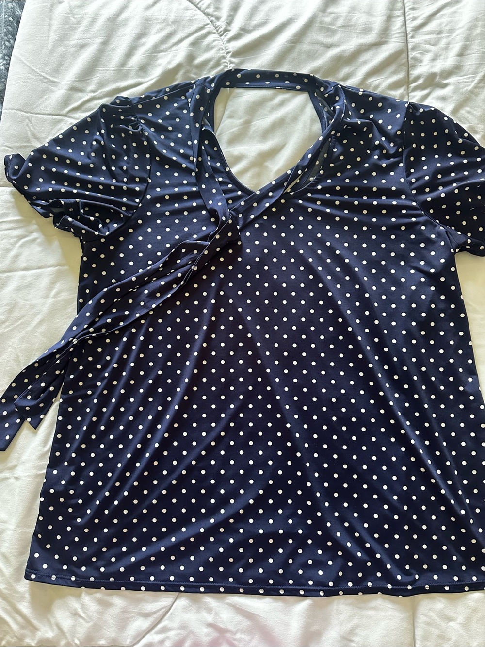 Faith and Joy Navy Polka Dot Tie-Shoulder Top